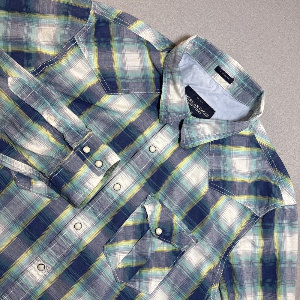 American Eagle Shirt Mens XL Vintage Fit Pearl‎ Snap Western Pocket Plaid Blue